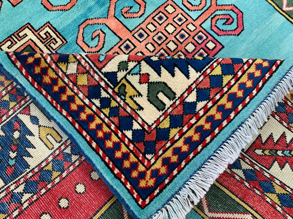 193 x 152 cm handgeknoopt Peshawari Chobi wollen tapijt - Turquoise geometrisch tribaal vloerkleed - KBHM-624