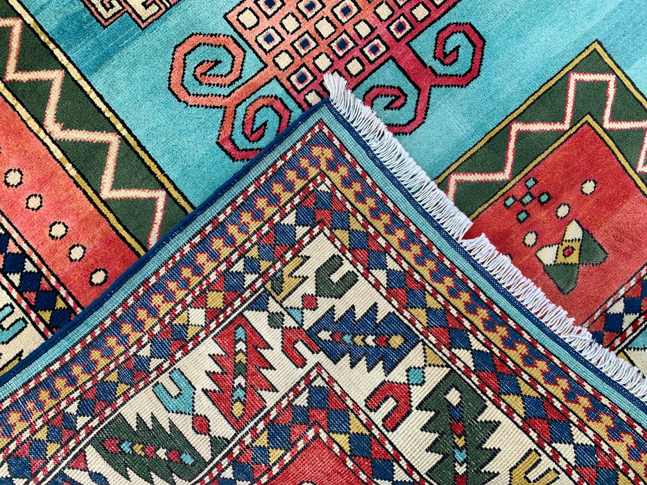 193 x 152 cm handgeknoopt Peshawari Chobi wollen tapijt - Turquoise geometrisch tribaal vloerkleed - KBHM-624
