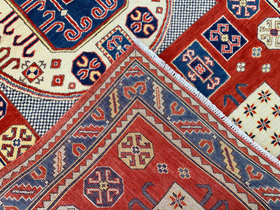 6'7 x 4'1 handgeknoopt Peshawari Chobi wollen vloerkleed - Rood tribaal geometrisch vloerkleed - KBHM-625
