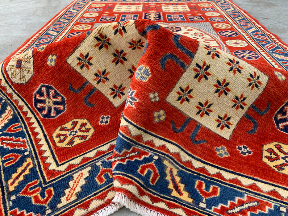 6'7 x 4'1 handgeknoopt Peshawari Chobi wollen vloerkleed - Rood tribaal geometrisch vloerkleed - KBHM-625