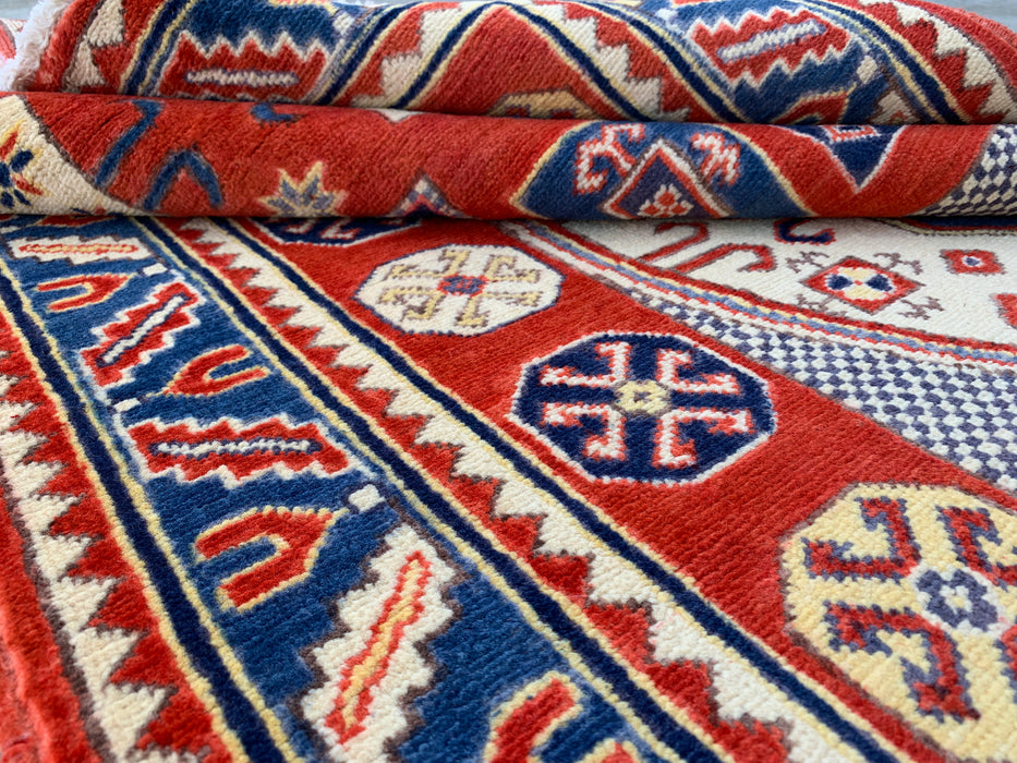 6'7 x 4'1 handgeknoopt Peshawari Chobi wollen vloerkleed - Rood tribaal geometrisch vloerkleed - KBHM-625