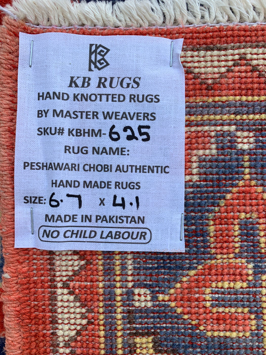 6'7 x 4'1 handgeknoopt Peshawari Chobi wollen vloerkleed - Rood tribaal geometrisch vloerkleed - KBHM-625