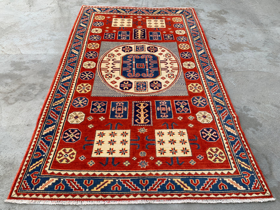 6'7 x 4'1 handgeknoopt Peshawari Chobi wollen vloerkleed - Rood tribaal geometrisch vloerkleed - KBHM-625
