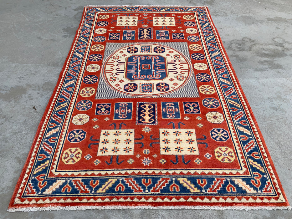 6'7 x 4'1 handgeknoopt Peshawari Chobi wollen vloerkleed - Rood tribaal geometrisch vloerkleed - KBHM-625