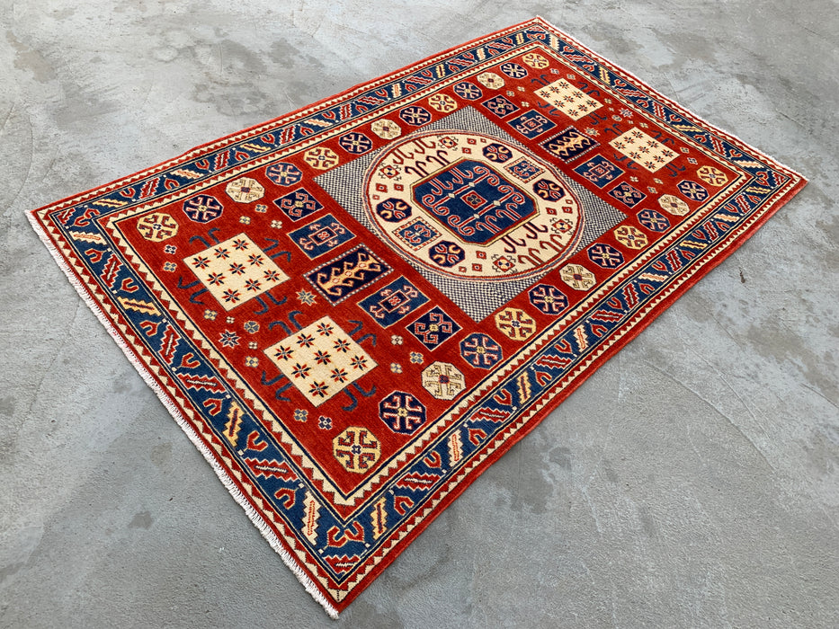 6'7 x 4'1 handgeknoopt Peshawari Chobi wollen vloerkleed - Rood tribaal geometrisch vloerkleed - KBHM-625