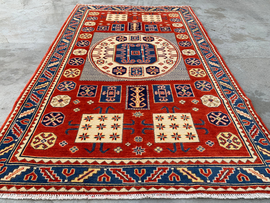 6'7 x 4'1 handgeknoopt Peshawari Chobi wollen vloerkleed - Rood tribaal geometrisch vloerkleed - KBHM-625