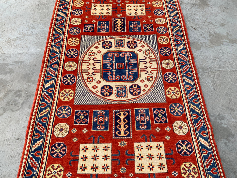 6'7 x 4'1 handgeknoopt Peshawari Chobi wollen vloerkleed - Rood tribaal geometrisch vloerkleed - KBHM-625