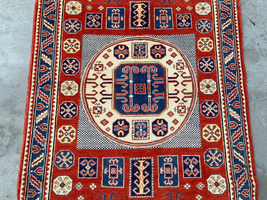 6'7 x 4'1 handgeknoopt Peshawari Chobi wollen vloerkleed - Rood tribaal geometrisch vloerkleed - KBHM-625