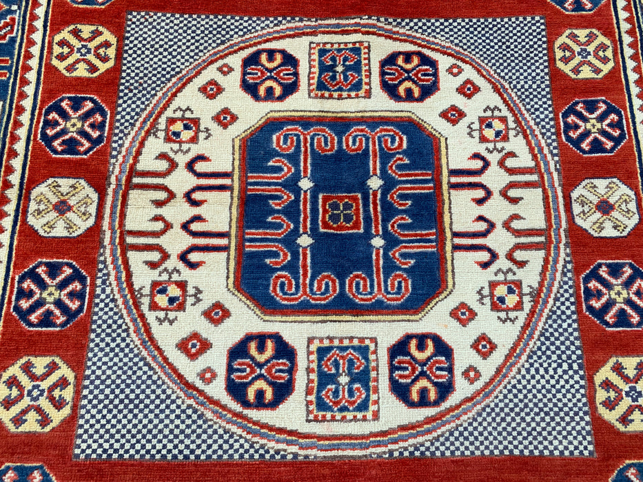 6'7 x 4'1 handgeknoopt Peshawari Chobi wollen vloerkleed - Rood tribaal geometrisch vloerkleed - KBHM-625