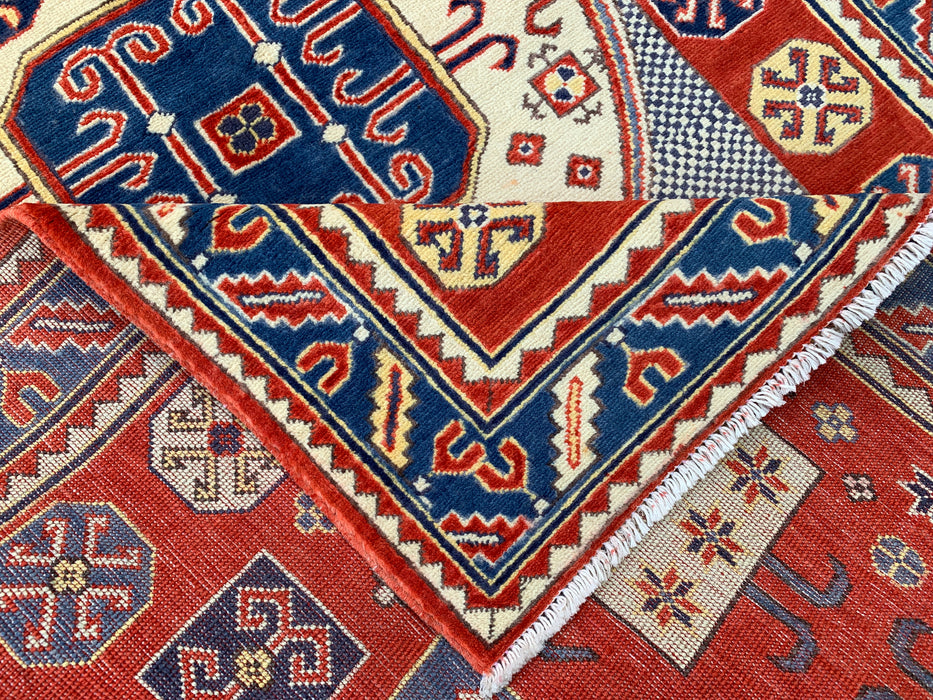 6'7 x 4'1 handgeknoopt Peshawari Chobi wollen vloerkleed - Rood tribaal geometrisch vloerkleed - KBHM-625