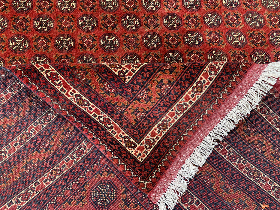 Handgemaakt Perzisch wollen vloerkleed 7x10 - Rood tribaal geometrisch kleed in Chobi-stijl - Exacte afmetingen 9'4" x 6'7" - KBHM-626