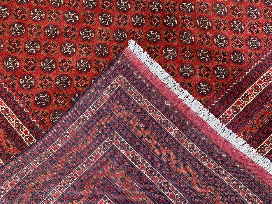 Handgemaakt Perzisch wollen vloerkleed 7x10 - Rood tribaal geometrisch kleed in Chobi-stijl - Exacte afmetingen 9'4" x 6'7" - KBHM-626