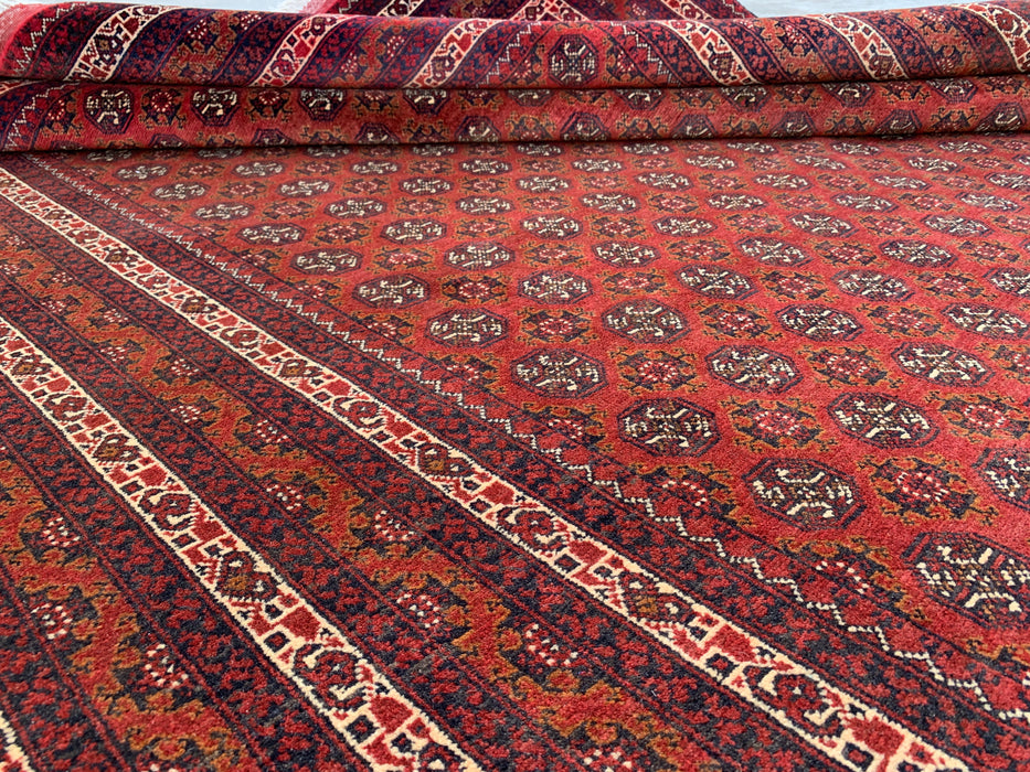 Handgemaakt Perzisch wollen vloerkleed 7x10 - Rood tribaal geometrisch kleed in Chobi-stijl - Exacte afmetingen 9'4" x 6'7" - KBHM-626