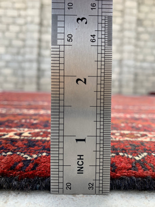 Handgemaakt Perzisch wollen vloerkleed 7x10 - Rood tribaal geometrisch kleed in Chobi-stijl - Exacte afmetingen 9'4" x 6'7" - KBHM-626