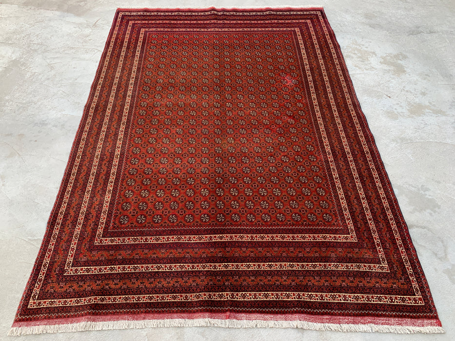 Handgemaakt Perzisch wollen vloerkleed 7x10 - Rood tribaal geometrisch kleed in Chobi-stijl - Exacte afmetingen 9'4" x 6'7" - KBHM-626