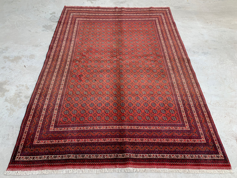 Handgemaakt Perzisch wollen vloerkleed 7x10 - Rood tribaal geometrisch kleed in Chobi-stijl - Exacte afmetingen 9'4" x 6'7" - KBHM-626