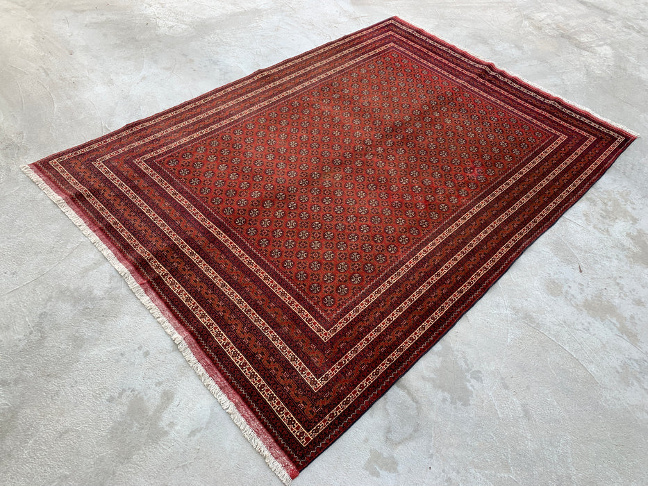 Handgemaakt Perzisch wollen vloerkleed 7x10 - Rood tribaal geometrisch kleed in Chobi-stijl - Exacte afmetingen 9'4" x 6'7" - KBHM-626