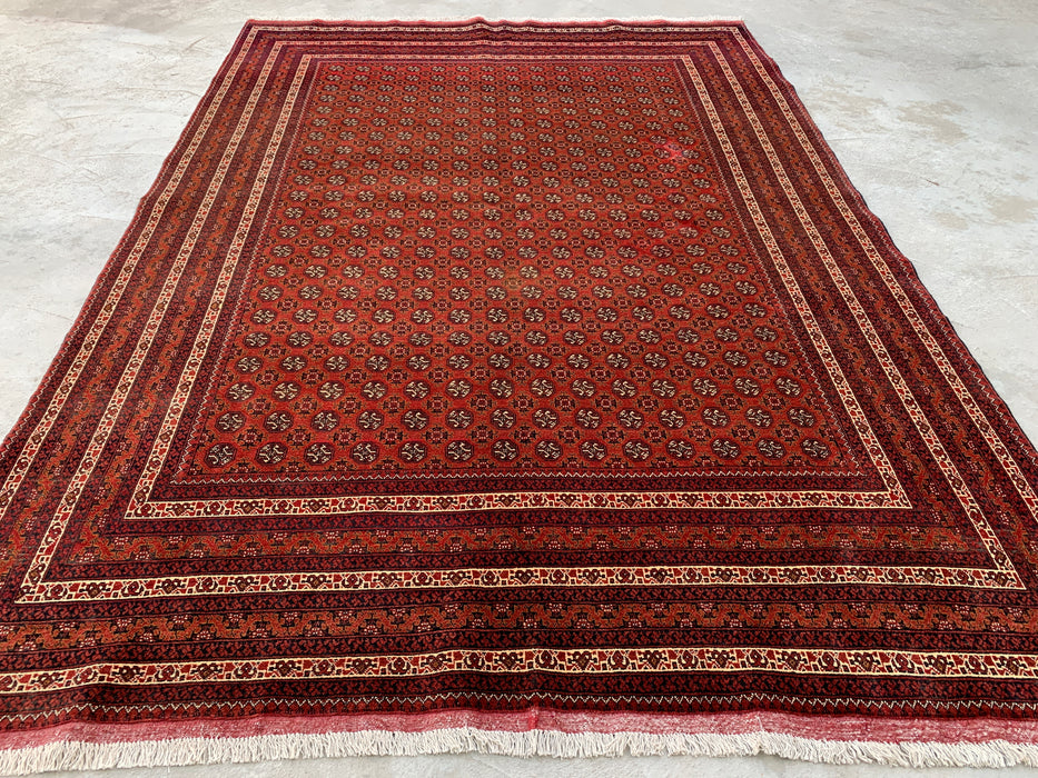 Handgemaakt Perzisch wollen vloerkleed 7x10 - Rood tribaal geometrisch kleed in Chobi-stijl - Exacte afmetingen 9'4" x 6'7" - KBHM-626