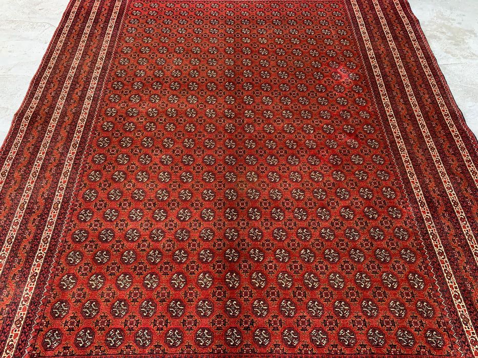 Handgemaakt Perzisch wollen vloerkleed 7x10 - Rood tribaal geometrisch kleed in Chobi-stijl - Exacte afmetingen 9'4" x 6'7" - KBHM-626