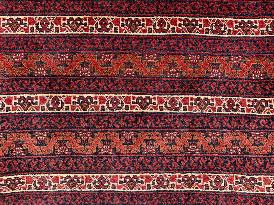 Handgemaakt Perzisch wollen vloerkleed 7x10 - Rood tribaal geometrisch kleed in Chobi-stijl - Exacte afmetingen 9'4" x 6'7" - KBHM-626