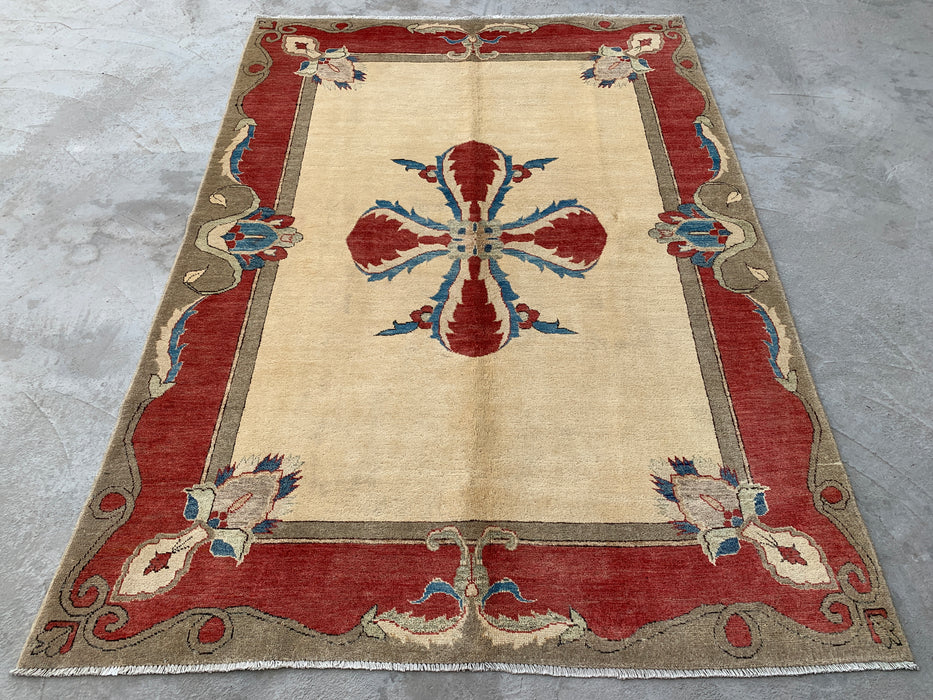 Handmade Persian Wool Area Rug 7x10 - Ivory Traditional Open Field Chobi Style Rug - Exact Size 8'2" x 5'10" - KBHM-627