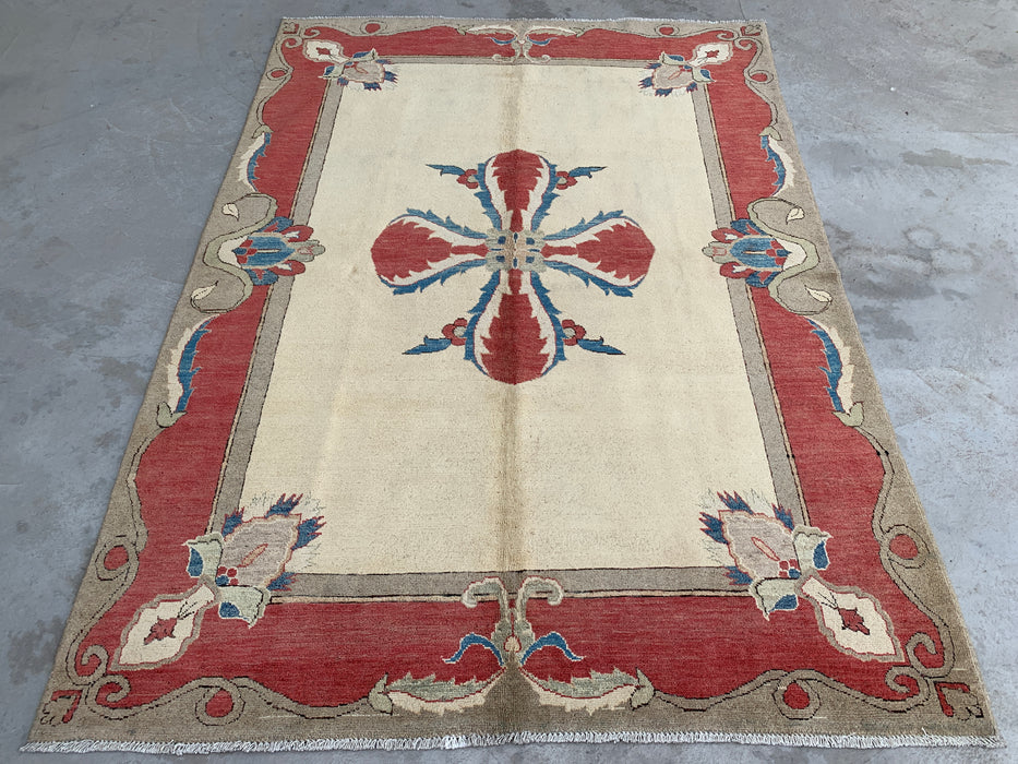 Handmade Persian Wool Area Rug 7x10 - Ivory Traditional Open Field Chobi Style Rug - Exact Size 8'2" x 5'10" - KBHM-627
