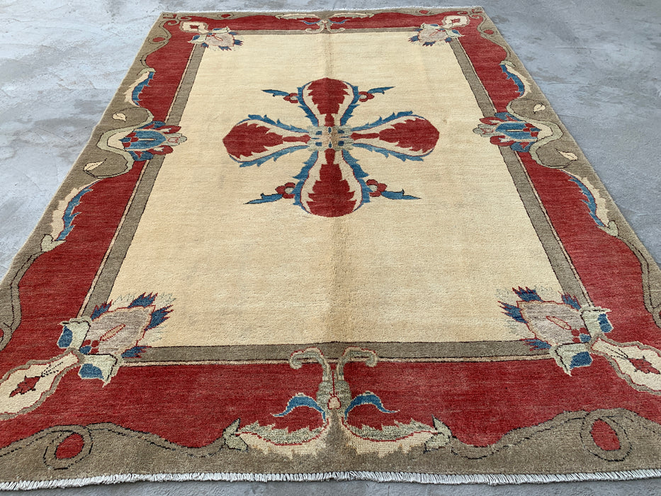 Handmade Persian Wool Area Rug 7x10 - Ivory Traditional Open Field Chobi Style Rug - Exact Size 8'2" x 5'10" - KBHM-627