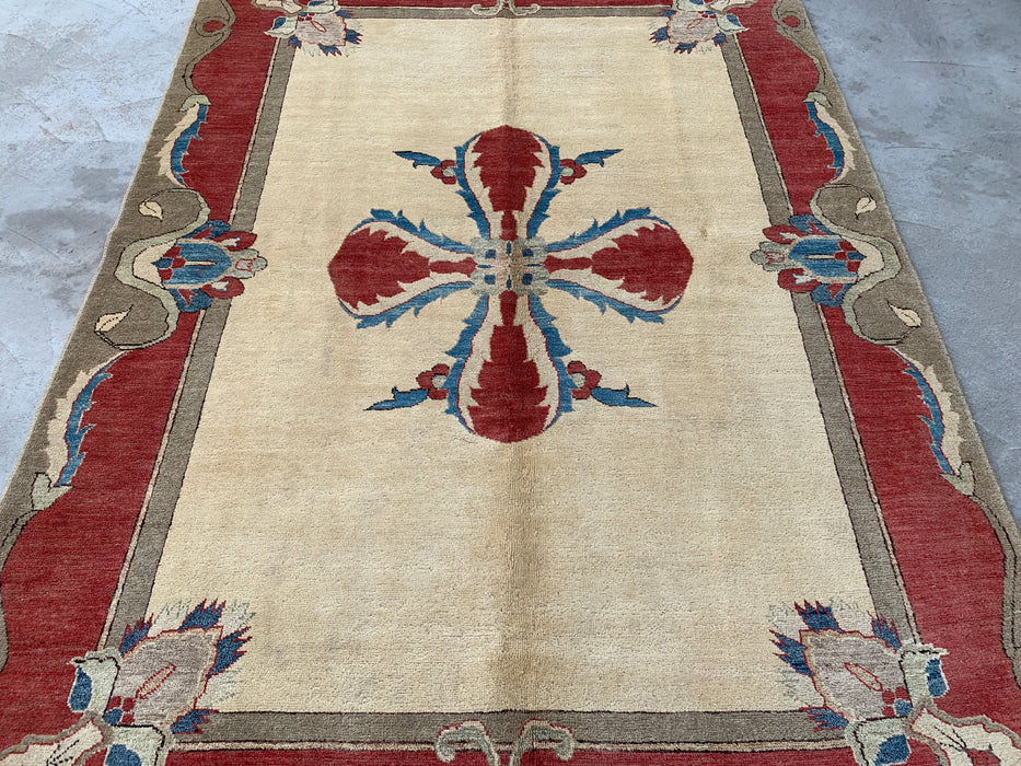Handmade Persian Wool Area Rug 7x10 - Ivory Traditional Open Field Chobi Style Rug - Exact Size 8'2" x 5'10" - KBHM-627