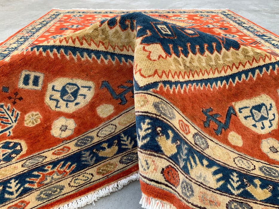 6'5 x 5'1 handgeknoopt Perzisch Chobi wollen vloerkleed - Oranje tribaal geometrisch vloerkleed - KBHM-629