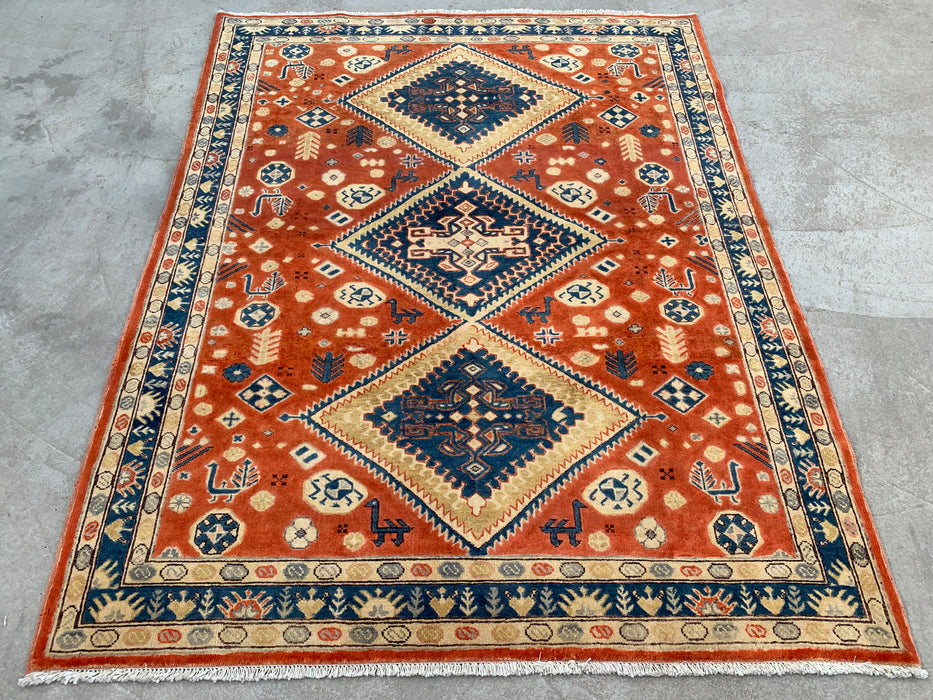 6'5 x 5'1 handgeknoopt Perzisch Chobi wollen vloerkleed - Oranje tribaal geometrisch vloerkleed - KBHM-629