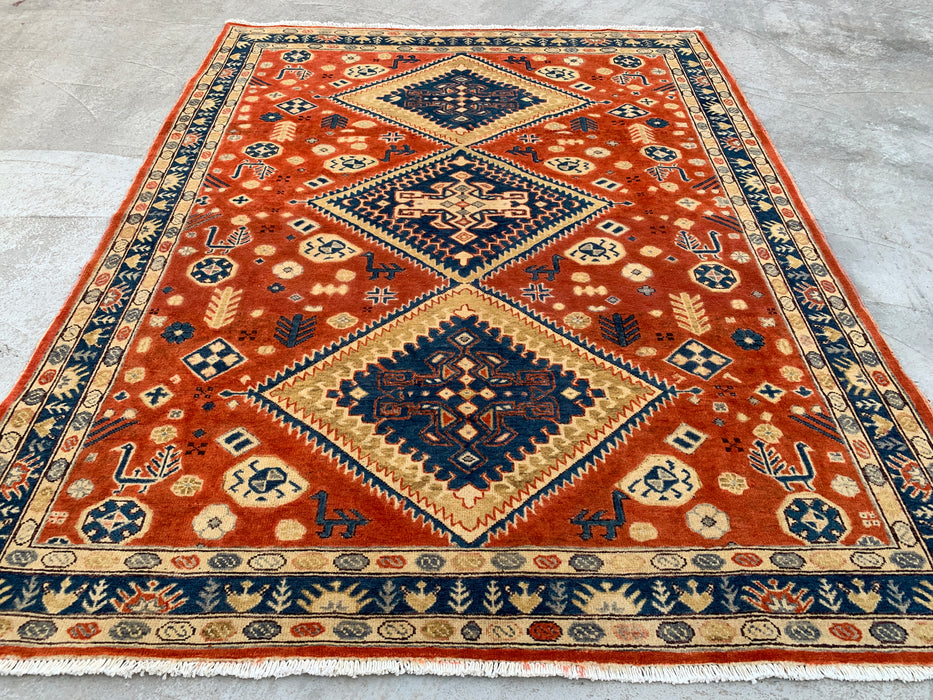 6'5 x 5'1 handgeknoopt Perzisch Chobi wollen vloerkleed - Oranje tribaal geometrisch vloerkleed - KBHM-629
