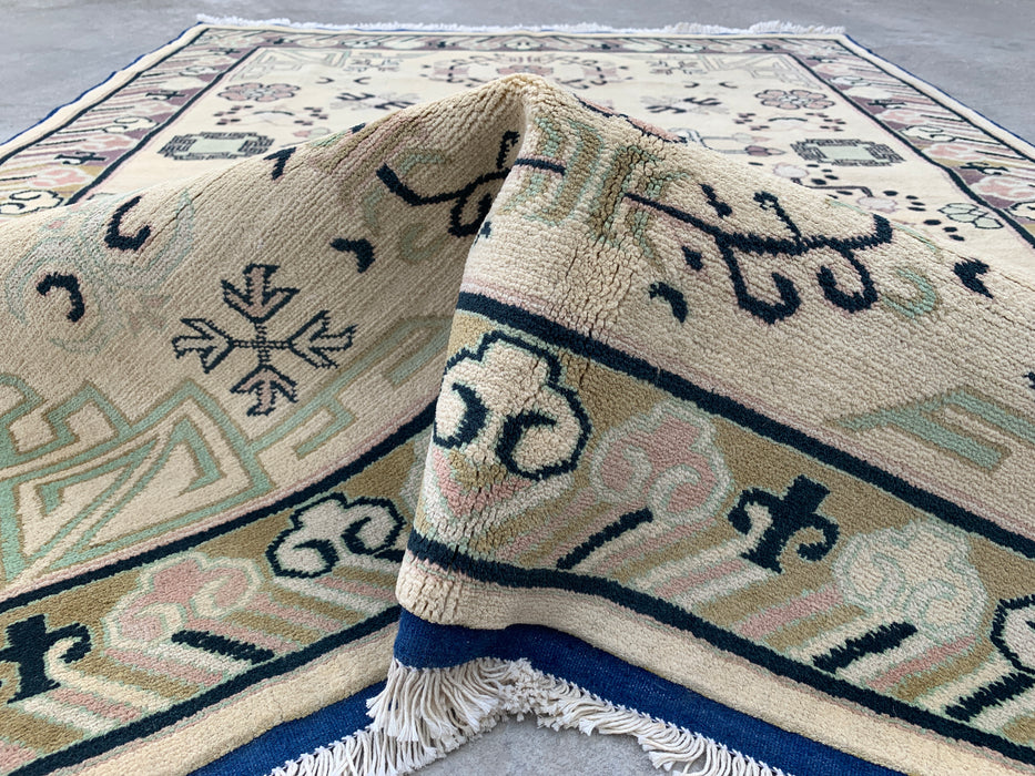 198 x 150 cm handgeknoopt Peshawari Chobi wollen tapijt - Ivoor kleurig geometrisch tribaal vloerkleed - KBHM-630