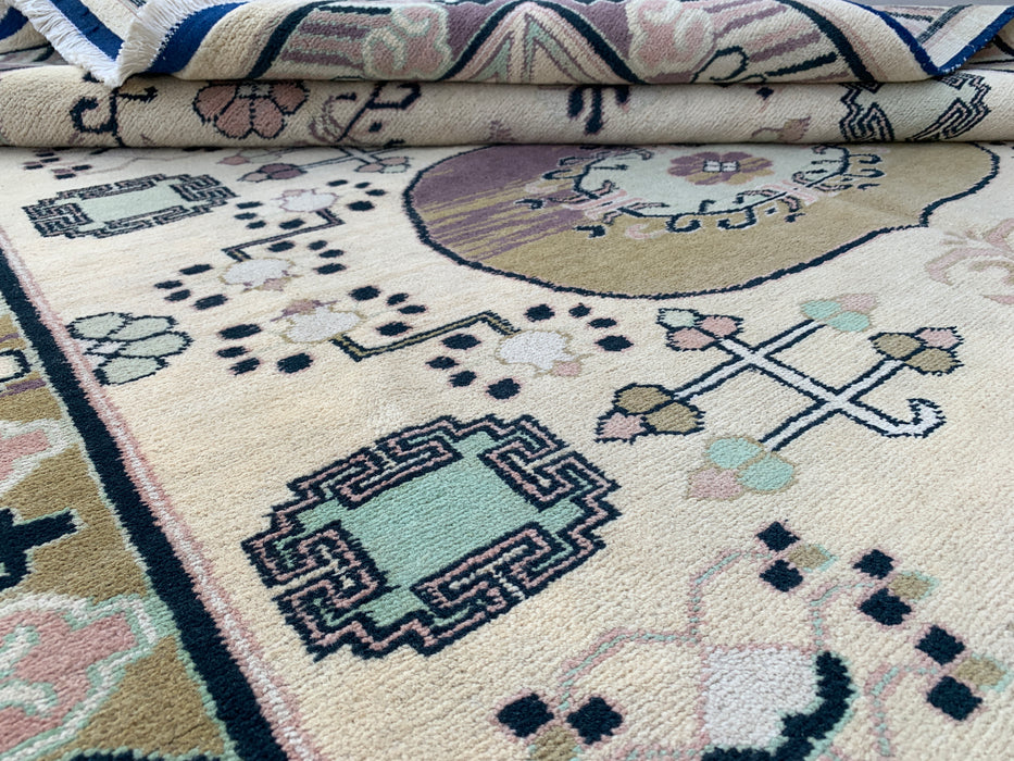 198 x 150 cm handgeknoopt Peshawari Chobi wollen tapijt - Ivoor kleurig geometrisch tribaal vloerkleed - KBHM-630