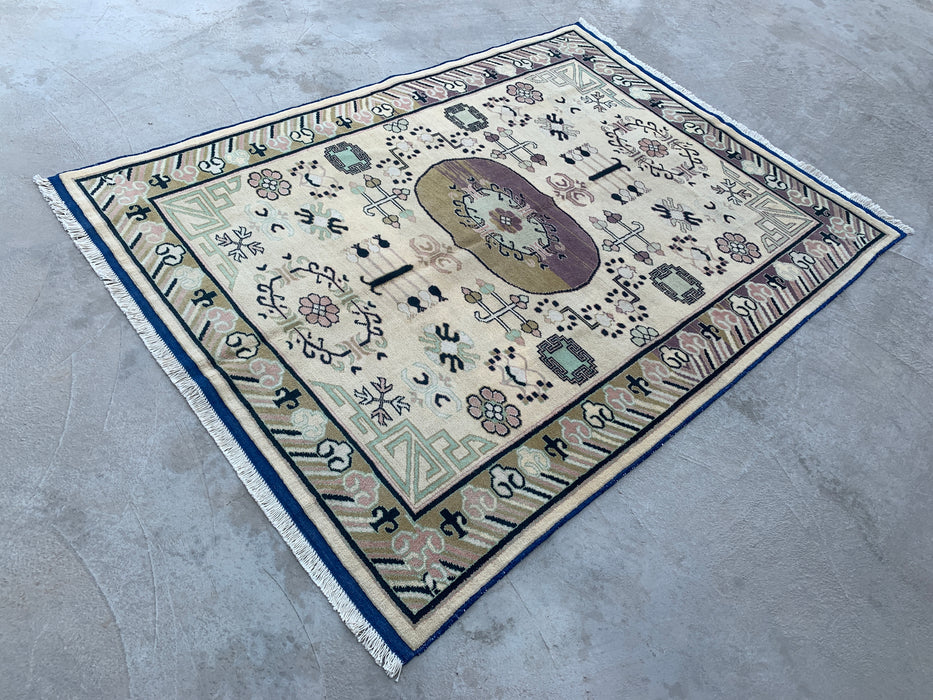 198 x 150 cm handgeknoopt Peshawari Chobi wollen tapijt - Ivoor kleurig geometrisch tribaal vloerkleed - KBHM-630