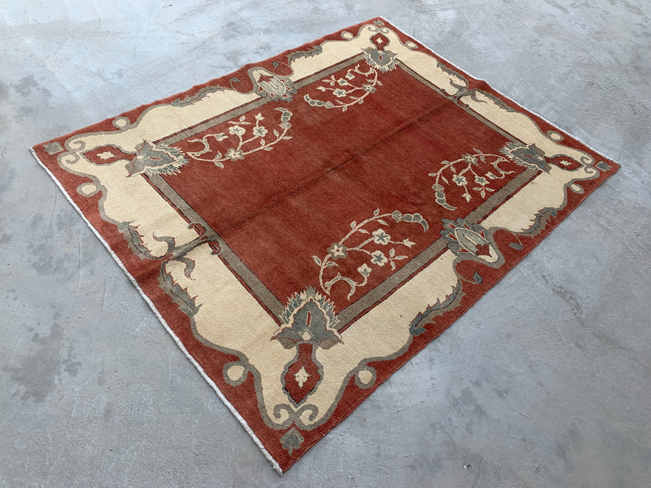 Handgemaakt Perzisch wollen vloerkleed 7x10 - Roestkleurig traditioneel Chobi-stijl kleed met open veld - Exacte afmetingen 7'8" x 6'0" - KBHM-631