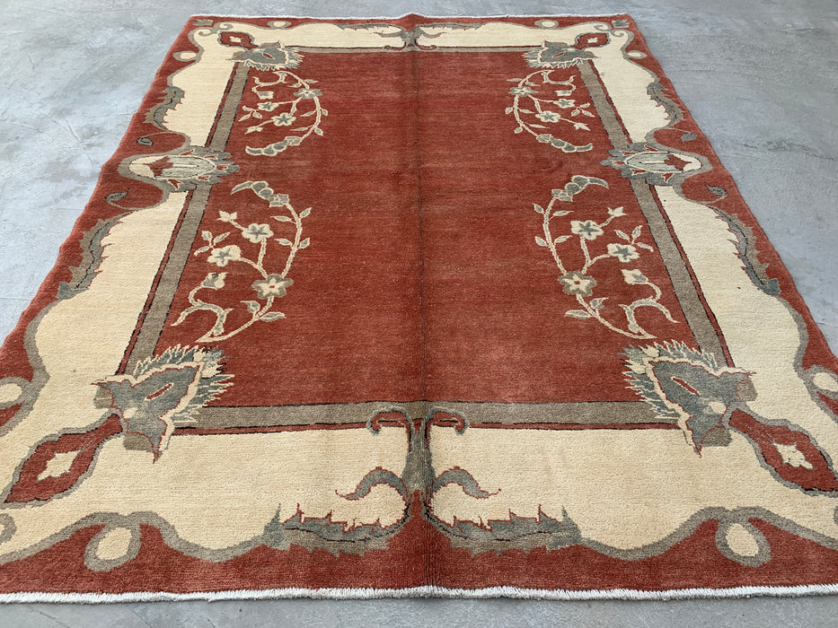 Handgemaakt Perzisch wollen vloerkleed 7x10 - Roestkleurig traditioneel Chobi-stijl kleed met open veld - Exacte afmetingen 7'8" x 6'0" - KBHM-631