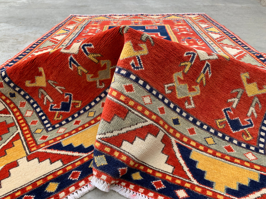193 x 119 cm handgeknoopt Peshawari Chobi wollen tapijt - Rood tribaal geometrisch vloerkleed - KBHM-632