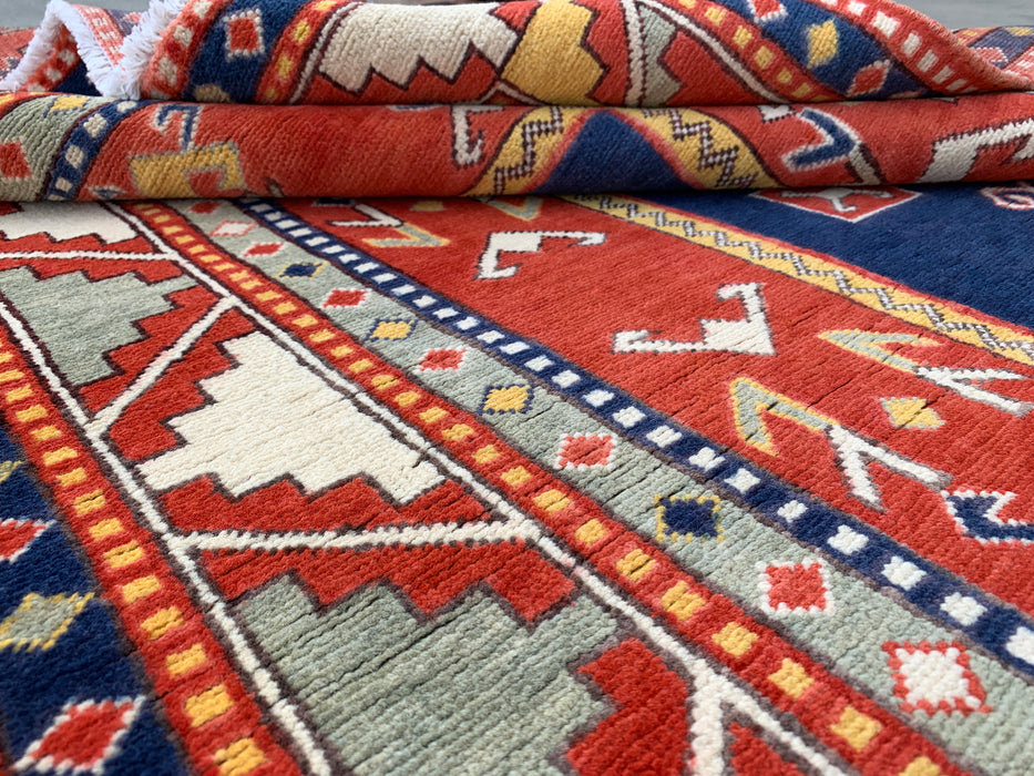 193 x 119 cm handgeknoopt Peshawari Chobi wollen tapijt - Rood tribaal geometrisch vloerkleed - KBHM-632