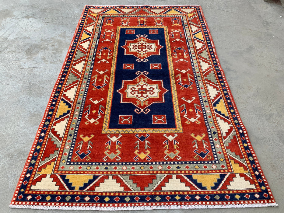 193 x 119 cm handgeknoopt Peshawari Chobi wollen tapijt - Rood tribaal geometrisch vloerkleed - KBHM-632