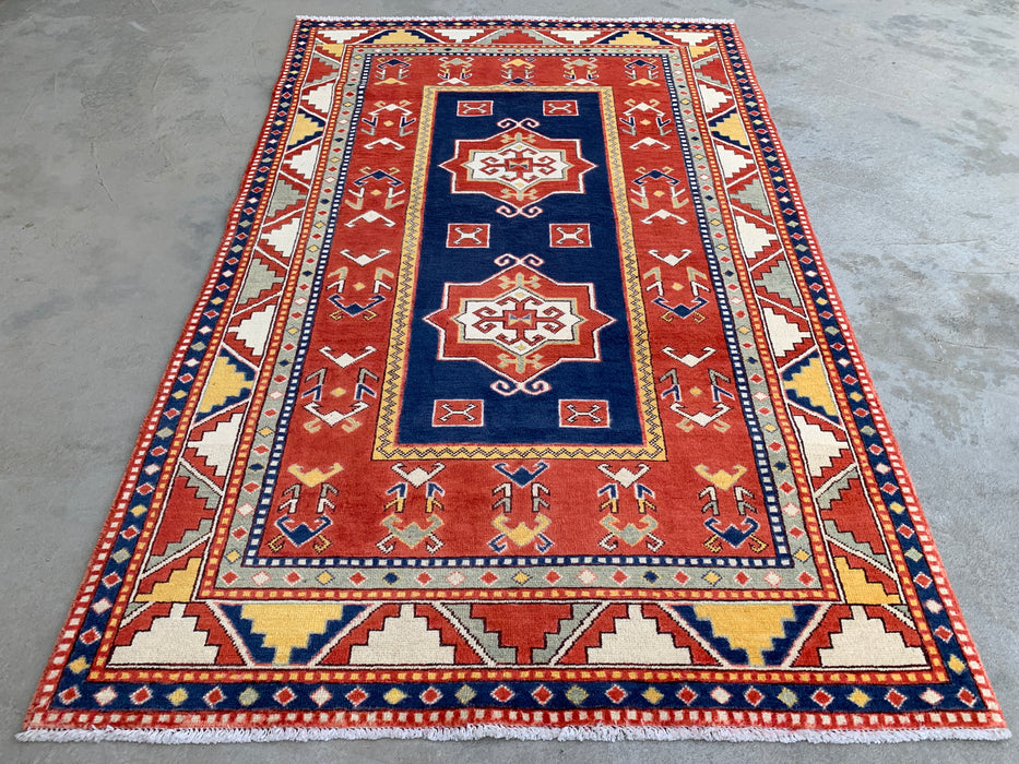 193 x 119 cm handgeknoopt Peshawari Chobi wollen tapijt - Rood tribaal geometrisch vloerkleed - KBHM-632