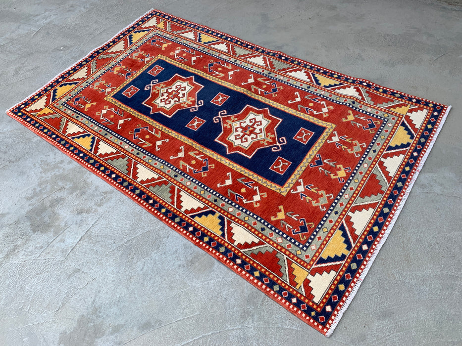 193 x 119 cm handgeknoopt Peshawari Chobi wollen tapijt - Rood tribaal geometrisch vloerkleed - KBHM-632