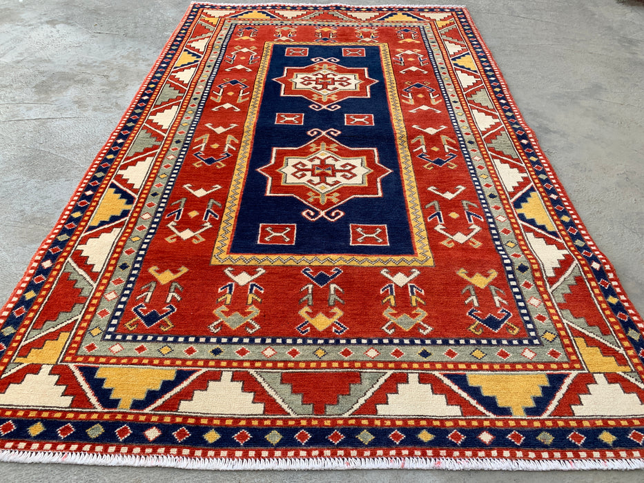 193 x 119 cm handgeknoopt Peshawari Chobi wollen tapijt - Rood tribaal geometrisch vloerkleed - KBHM-632