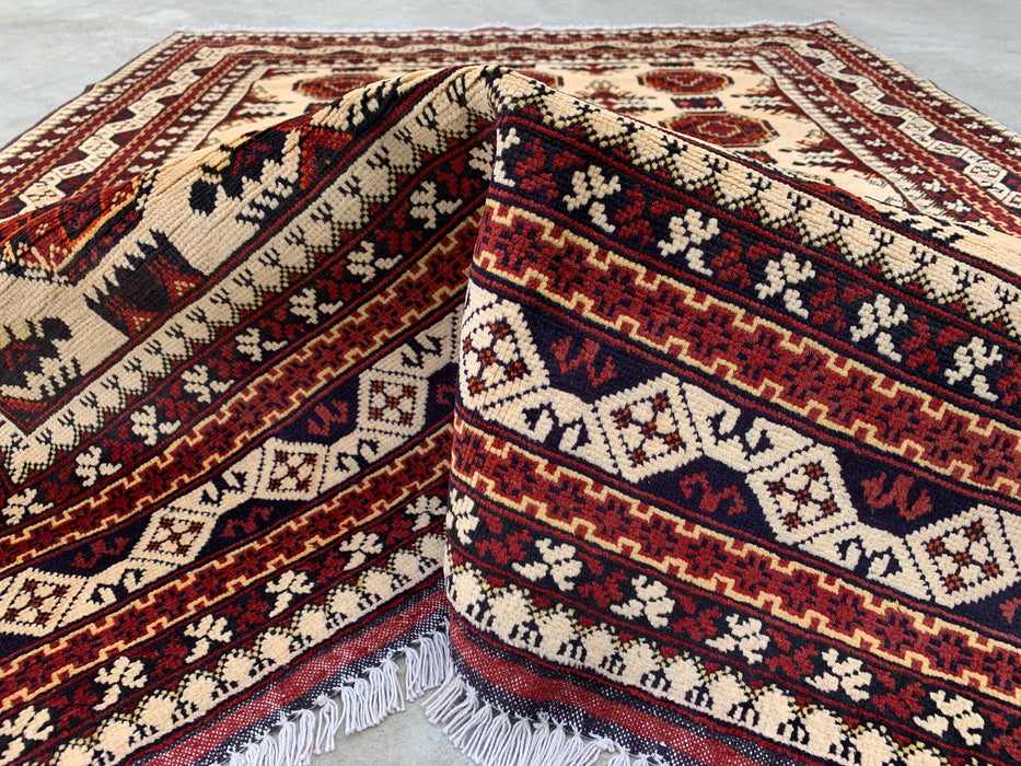 6'3 x 4'9 Hand-Knotted Peshawari Chobi Wool Rug - Ivory Tribal Geometric Area Rug - KBHM-634