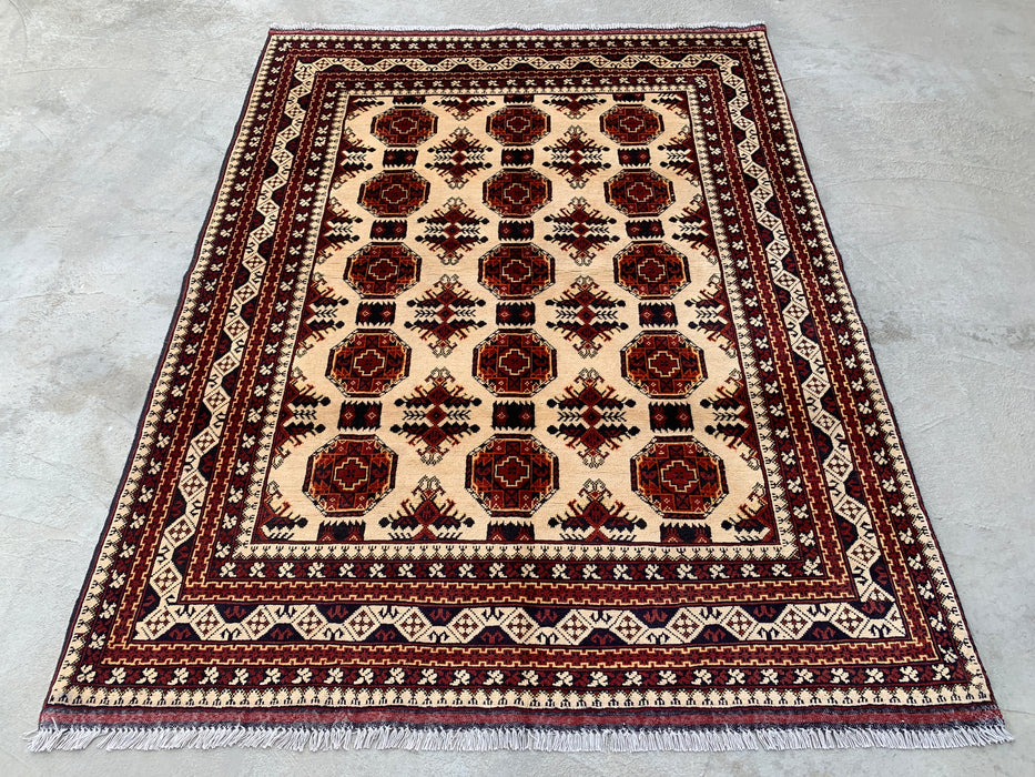 6'3 x 4'9 Hand-Knotted Peshawari Chobi Wool Rug - Ivory Tribal Geometric Area Rug - KBHM-634