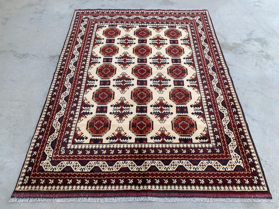 6'3 x 4'9 Hand-Knotted Peshawari Chobi Wool Rug - Ivory Tribal Geometric Area Rug - KBHM-634