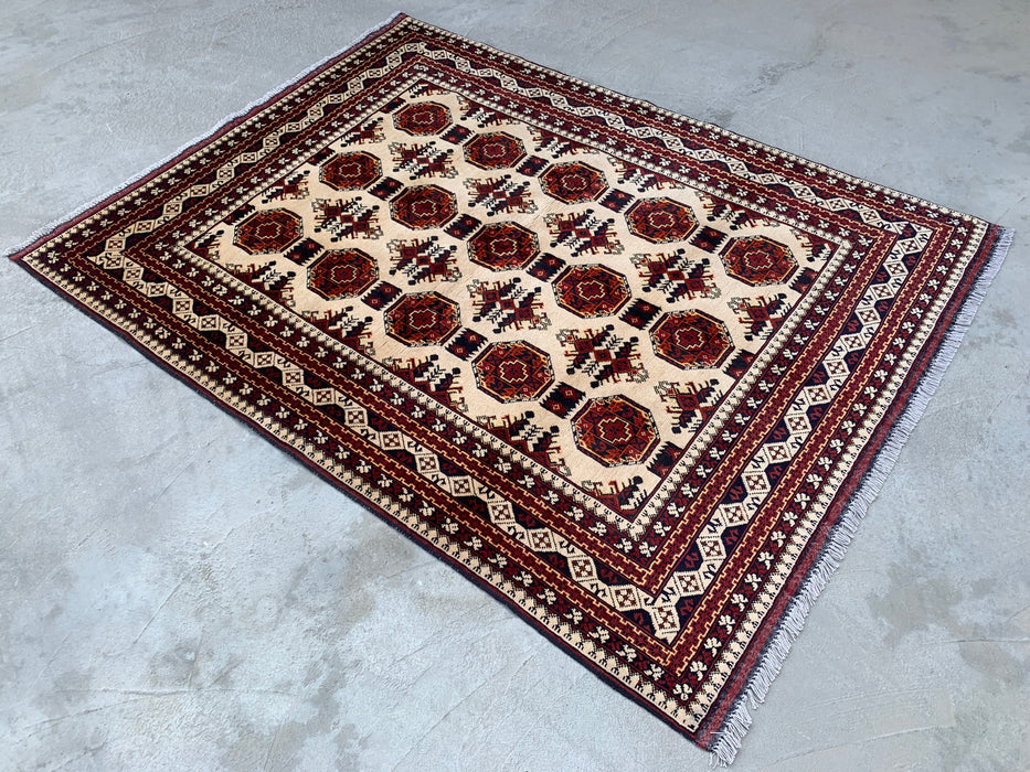 6'3 x 4'9 Hand-Knotted Peshawari Chobi Wool Rug - Ivory Tribal Geometric Area Rug - KBHM-634