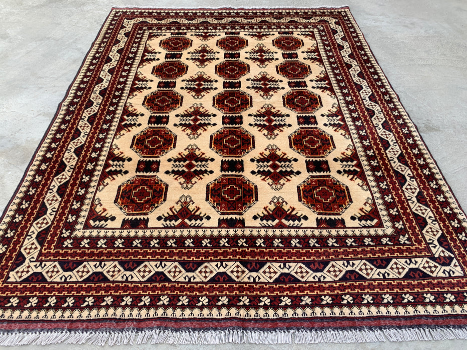 6'3 x 4'9 Hand-Knotted Peshawari Chobi Wool Rug - Ivory Tribal Geometric Area Rug - KBHM-634