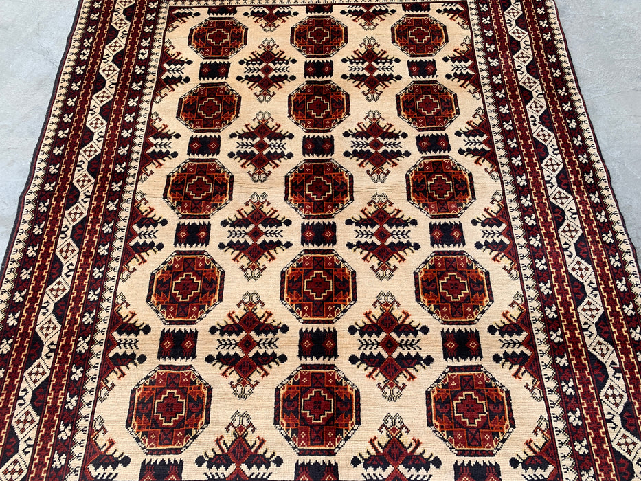 6'3 x 4'9 Hand-Knotted Peshawari Chobi Wool Rug - Ivory Tribal Geometric Area Rug - KBHM-634