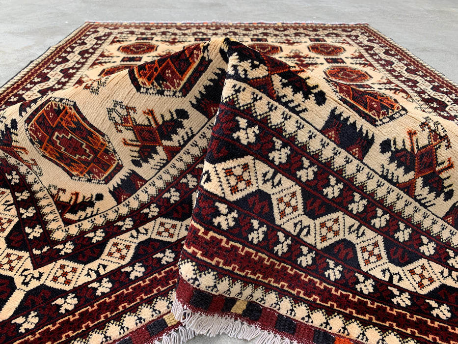 6'2 x 4'9 Handgeknoopt Peshawari Chobi wollen vloerkleed - Ivoor tribaal geometrisch karpet - KBHM-635