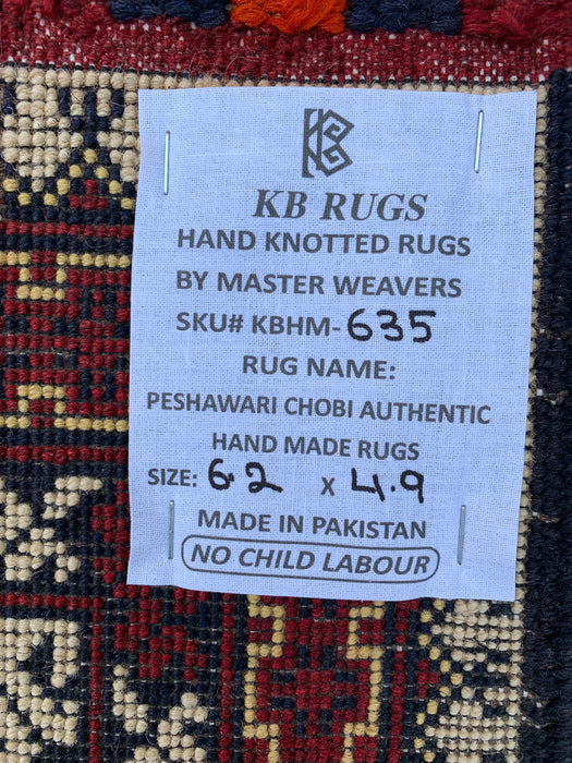 6'2 x 4'9 Handgeknoopt Peshawari Chobi wollen vloerkleed - Ivoor tribaal geometrisch karpet - KBHM-635